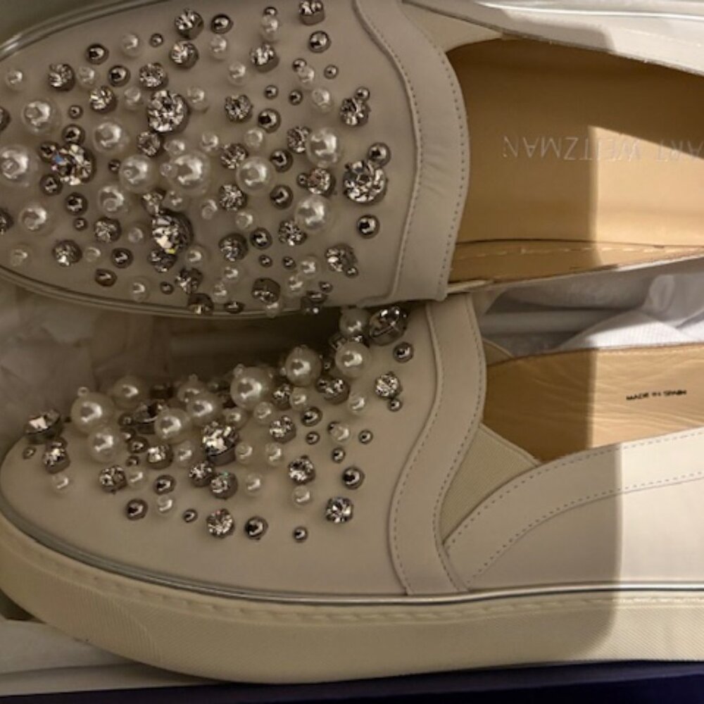 Stuart Weitzman White Crystal-Embellished Slip-On Sneakers - Picture 5 of 7